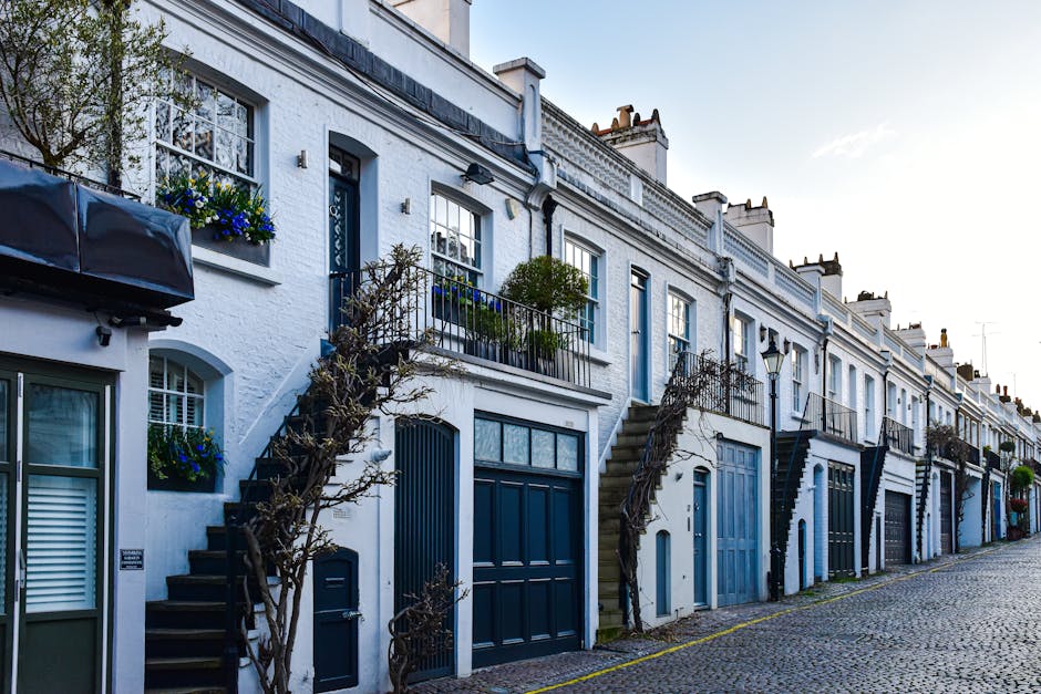 The image depicts a narrow residential street in Chelsea, with a row of traditional terraced houses featuring brick facades, white window frames, and small front gardens or potted plants. The street i